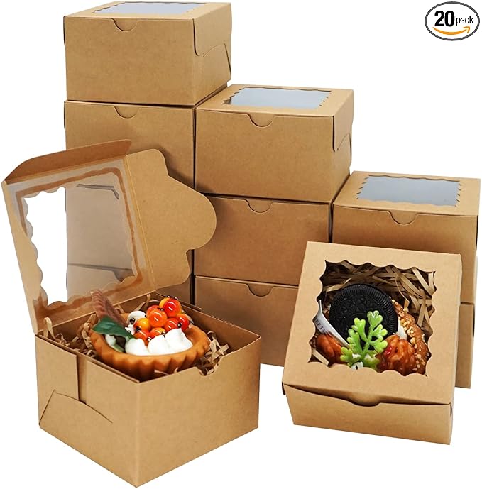 20pcs Cookie Boxes 4x4x2.5 Inch Bakery Boxes with Window Treat Box Dessert Box for Wedding Favors Party - Brown