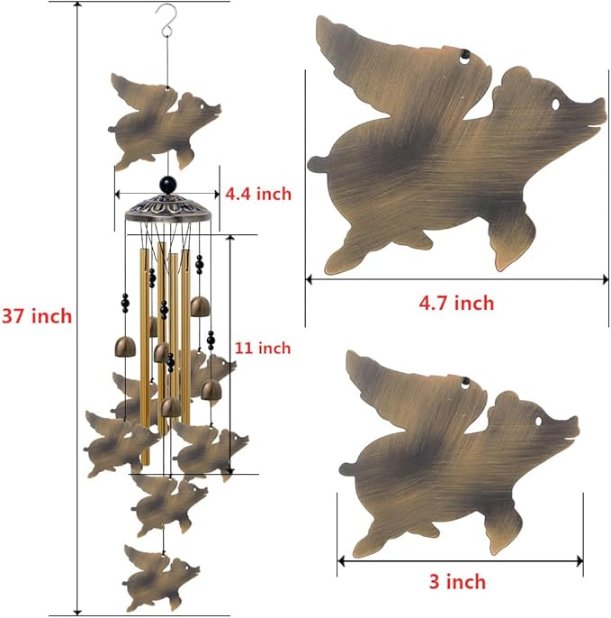 Flying Pigs Wind Chimes Outdoor Decor - with 6 Bells 7 Pigs Wind Chimes, Mobile Romantic Fly Pigs Wind Catcher, Bronze Pigs Wind Bells for Home, Mom Gifts, Balcony, Tree, Festival, Garden Decoration