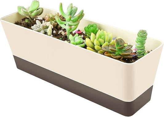 GREANER Planter Windowsill Box, 1 Pack 12x3.8 Inch Herb Rectangle Planter with Tray, Modern Indoor Succulent Cactus Plastic Plant Pot for Windowsill, Garden Balcony, Home Office Outdoor Decoration