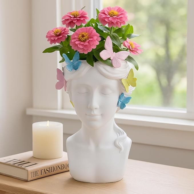 Planter and Flower Pot for Home Decor – Whimsical Plant Pot for Indoor or Outdoor Use with Butterfly and Face Sculpture – Modern Indoor Plant Stand Ideal for Garden and Patio Accent – 11" White