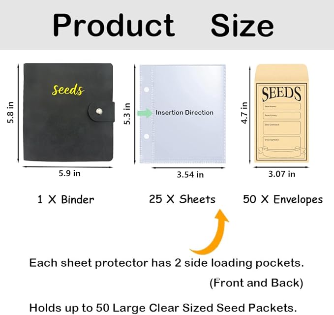 Seed Storage Organizer Binder, Leather Seed Packet Organizer with 50 Clear Pockets(25 Pack Sheet Sleeves) and 50 Pack Seed Envelopes, Garden Seed Holder Book, Plant Seed Saver, Flower Seed Keeper