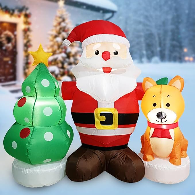 5FT Christmas Inflatable Santa Set with Dog & Tree Blow up Lighted Yard Decoration Suitable for Christmas Indoor Outdoor Xmas Yard Party Holiday Garden Decor