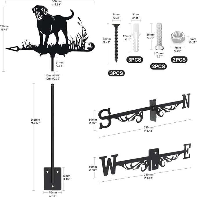 3D Dog Metal Weather Vane,Stainless Steel Black Animal Weathervane Wind Direction Indicator Roof Garden Decorations for Outdoor Farm Yard Garden Gazebo
