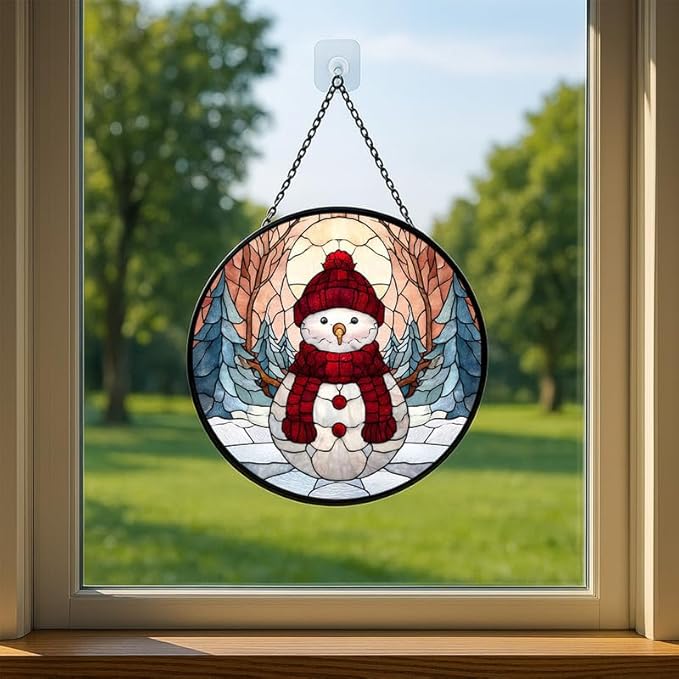 Stained Glass Window Hanging – 6.3 in Snowman Panel with Chain， Bathroom Front Door Living Room Garden Winter Holiday Decor for Mom Wife Lovers
