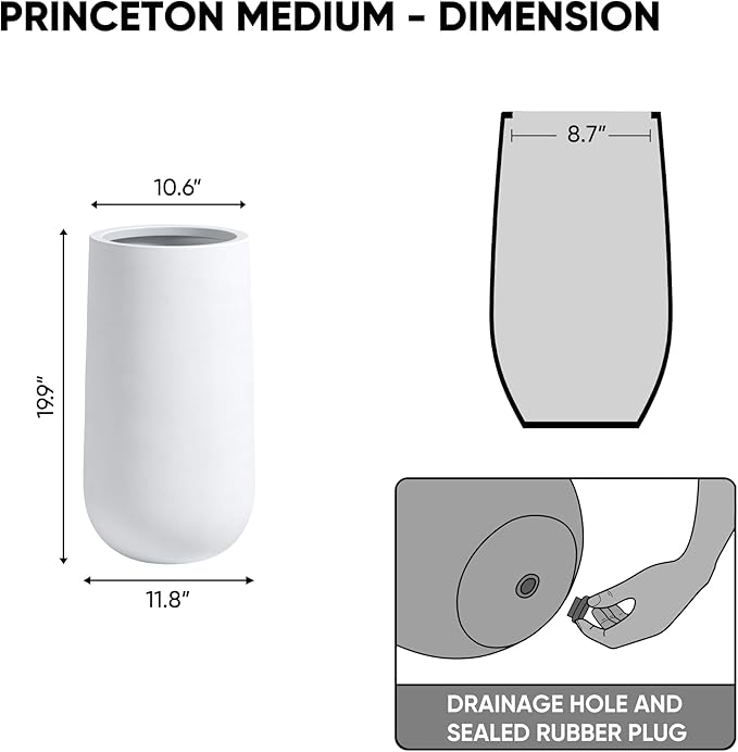 DTY Signature Mount Princeton Tall Planter - Medium White 19.9 Inch Height Modern Indoor & Outdoor Fiberstone Planter for Outdoor Plants