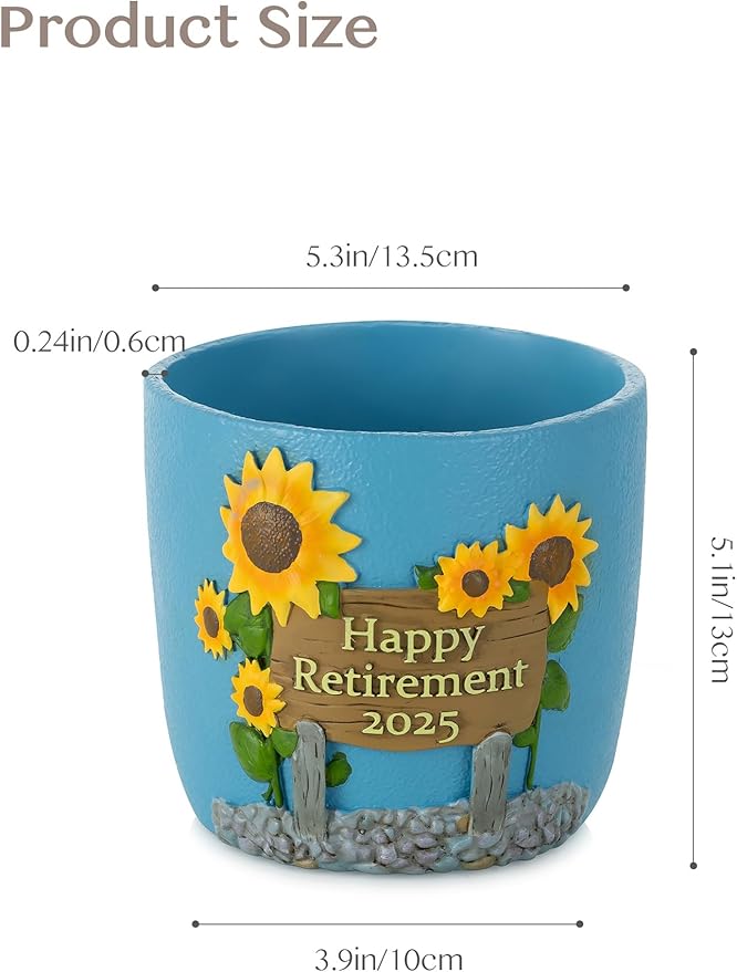 Plant Pot Retirement Gift for Woman - Happy Retirement 2025 - Hand-Painted Flower Pot for Unique Retired Gifts or Retirement Party Decorations - Succulent Planter with Drainage 5.3 inch
