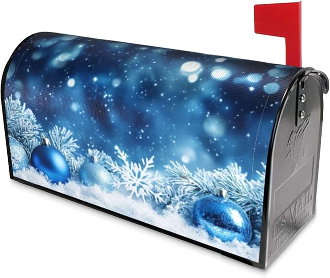 Festive Magnetic Mailbox Cover Blue Ball Snowflake Outdoor Mailbox Protector Holiday Seasonal Decorative Garden Yard Home Large Size 25.5 x 21 Inch