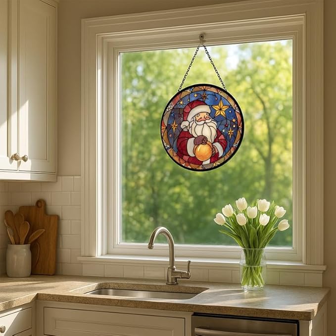 Stained Glass Window Hanging – 11.8 in Santa Claus Panel with Chain， Bathroom Front Door Living Room Garden Christmas Holiday Decor， Gift for Mom Wife Lovers