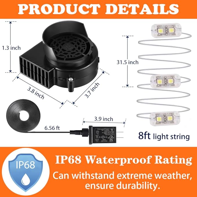 Inflatable Fan Replacement 12V 1.0A, Mini Air Blower Fan with 12V 1.25A Adapter and 3 LED Bulbs for Halloween Christmas Inflatable Outdoor Yard Decorations