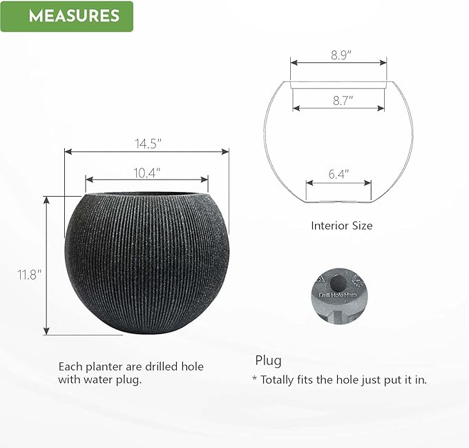 11.8 H x 14.5" Dia (8.9" Pot Opening) Plastic Round Black Planters for Outdoor Plants, Resin Flower Pot for Indoor and Outdoor Plants, Plant Pot with Drainage Holes and Plug for Home Patio Garden