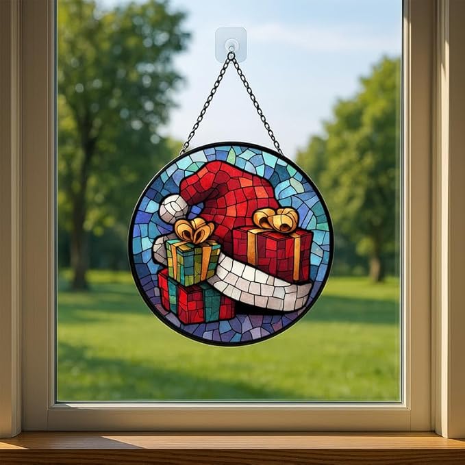 Stained Glass Window Hanging – 9.8 in Santa Hat Gifts Panel with Chain， Bathroom Front Door Living Room Garden Decor， Gift for Mom Wife Lovers