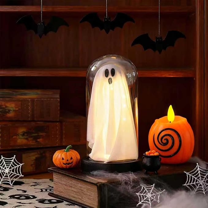 Halloween Decorations Indoor, Light Up Ghost in Transparent Dome Cloche, Cute Spooky Ghost Decor for Tabletop Mantel Display and Holiday Decorations