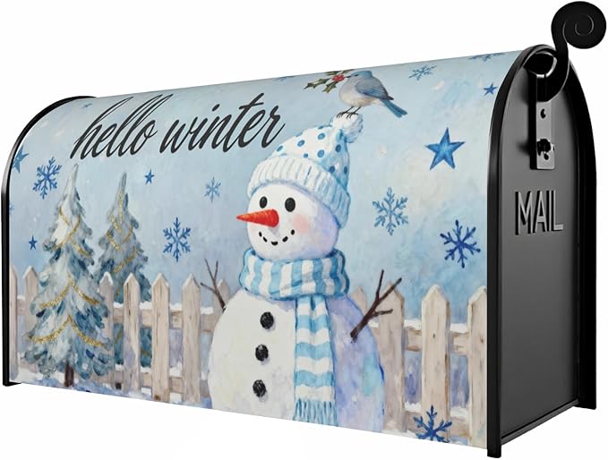 Hello Winter Snowman Mailbox Covers Magnetic Standard Size Xmas Tree Snowflake Cardinal Bird Christmas Holiday Outdoor Decorative Seasonal Letter Box Cases for Home Garden Outside Decor, 21x18 Inch