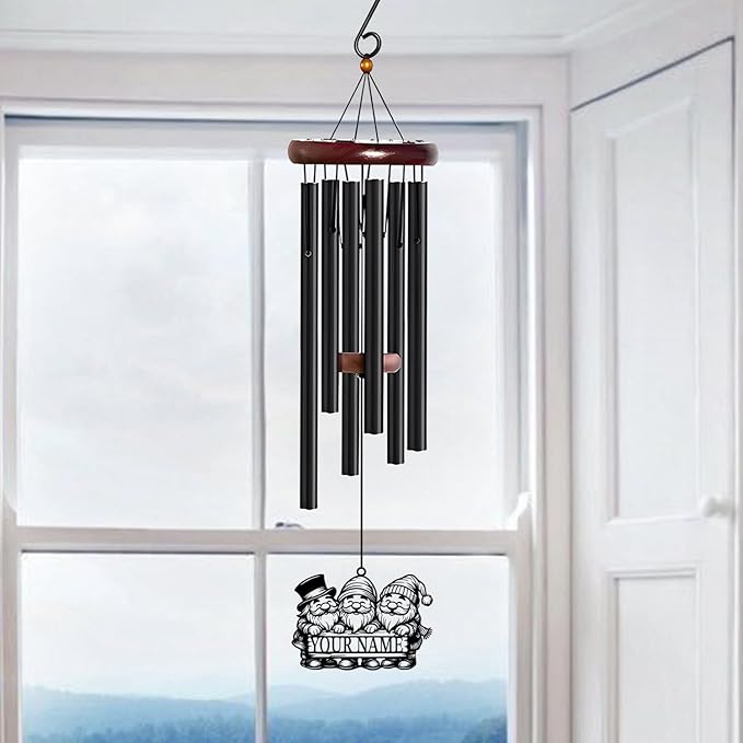 Personalized Customize Name Gnome Wind Chime, Metal Iron 37 Inch Outdoor Memorial Gift for Garden Yard Patio Home Decor, Black，Christmas (Style J)