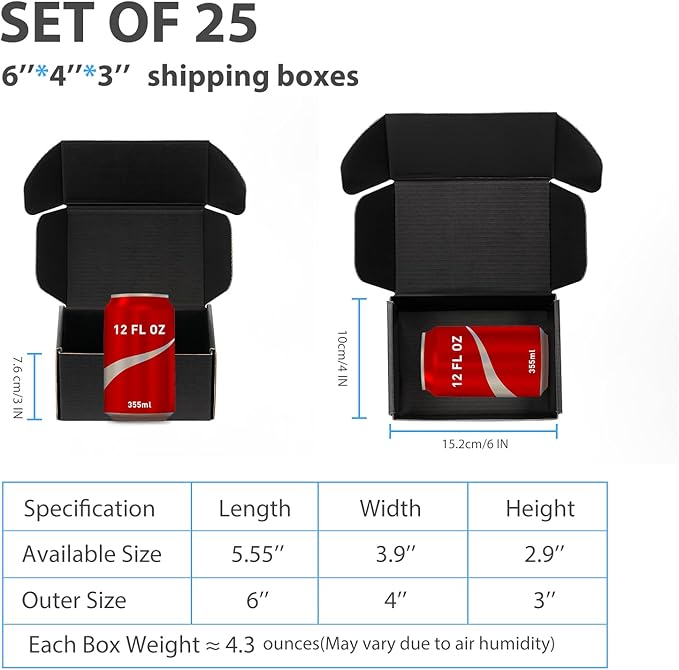Small Shipping Boxes 6x4x3 Inch (25 Pack) - Sturdy Black Corrugated Cardboard Boxes for Small Business, Ecommerce, Mailing & Packaging | Recyclable Gift & Storage Boxes