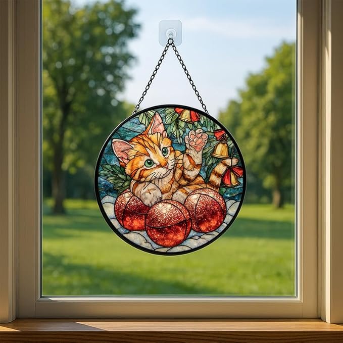 Stained Glass Window Hanging – 6.3 in Orange Cat with Christmas Balls Panel with Chain， Bathroom Front Door Living Room Garden Decor， Gift for Mom Wife Lovers