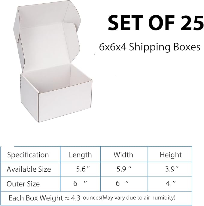 Small Shipping Boxes 6x6x4 Inch (25 Pack) - Sturdy White Corrugated Cardboard Boxes for Small Business, Ecommerce, Mailing & Packaging | Recyclable Gift & Storage Boxes