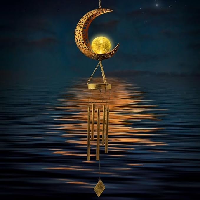 Wind Chime Solar Moon Decor,Mother's Day, Christmas, Thanksgiving Gift for Women,Mother,Grandma,Wife, Birthday Gift Crackle Glass Ball Windchimes Gardening Gifts,Patio Decor, Yard Porch Decorations