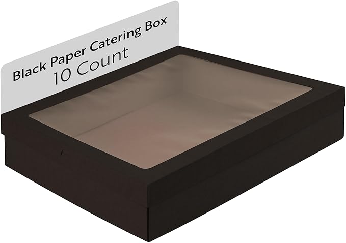 Restaurantware Cater Tek 17.9 x 12.3 x 3.2 Inch Baked Goods Boxes 10 Greaseproof Pastry Boxes - Window Lids Insert Tab Lock Black Paper Catering Boxes Easy Assembly For Charcuterie Or Cupcakes