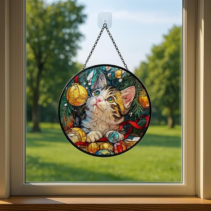 Stained Glass Window Hanging – 7.8 in Kitten and Christmas Tree Panel with Chain， Bathroom Front Door Living Room Garden Decor， Gift for Mom Wife Lovers