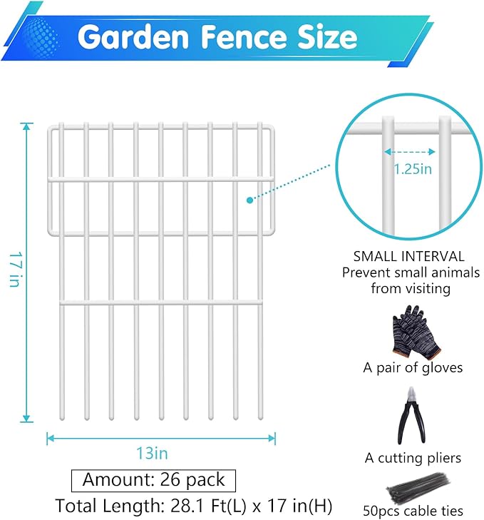 26 Panels No Dig Fence, 28ft(L) x 17in(H) Dog Digging Fencing Barrier, 1.2in Gap Animal Barrier for Bottom of Fence, Rustproof Metal Garden Edging Border Ground Defense for Outdoor Patio, White