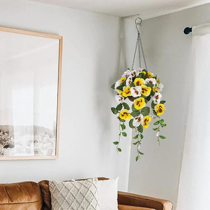Briful Artificial Hanging Basket Outdoor Yellow&White Pansy Fake Flowers Realistic Silk Fall Bloom Faux Flowers Coconut Basket for Home Decor Indoor Farmhouse Balcony Patio Garden