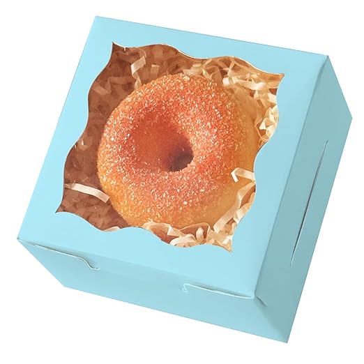qiqee Light Blue Bakery Box with Window 4x4x2.5 inch 30Packs Macaron Boxes Small Donut Pastry Boxes for Party Mini Cookie Boxes