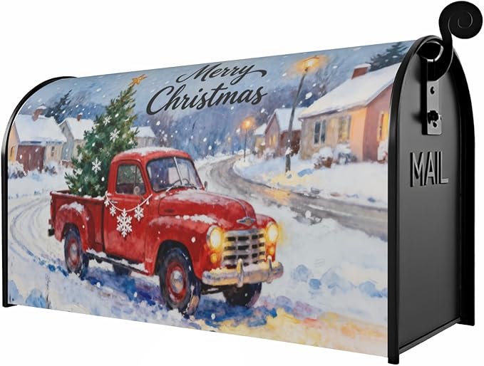 Merry Christmas Red Truck Large Mailbox Covers Magnetic Oversized Xmas Tree Snowflake Snow Scene Holiday Outdoor Decorative Farmhouse Letter Box Cases for Home Garden Outside Decor, 25.5x21 Inch
