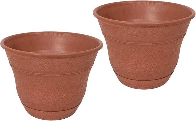 Bernini FirmaStone 15" Self-Watering Planters, Set of 2 – Durable Indoor/Outdoor Pots with Drainage Plug & Built-in Reservoir – Lightweight Garden Planters for Patio, Porch, Balcony (Terracotta)