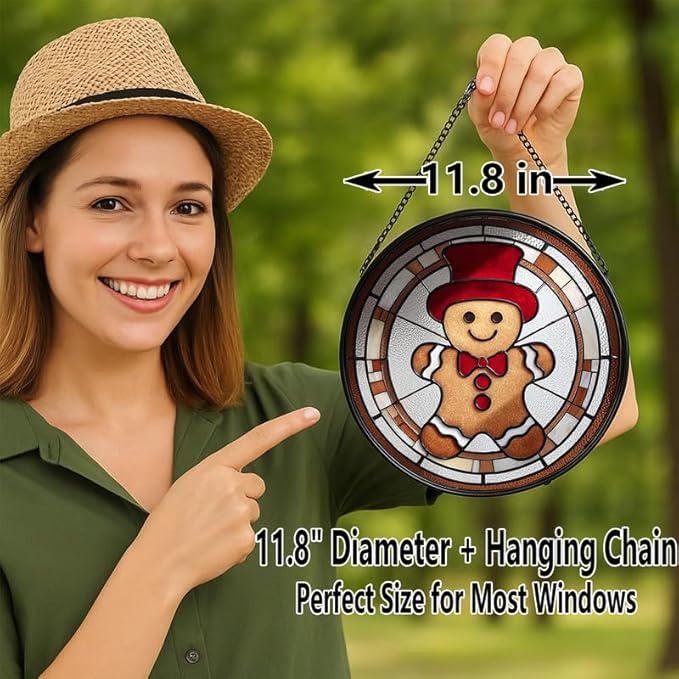 Stained Glass Window Hanging – 11.8 in Gingerbread Man Panel with Chain， Bathroom Front Door Living Room Garden Decor， Christmas for Mom Wife Lovers