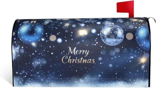 Festive Magnetic Mailbox Cover Christmas Blue Ball Pattern Outdoor Mailbox Protector Holiday Seasonal Decorative Garden Yard Home Large Size 25.5 x 21 Inch