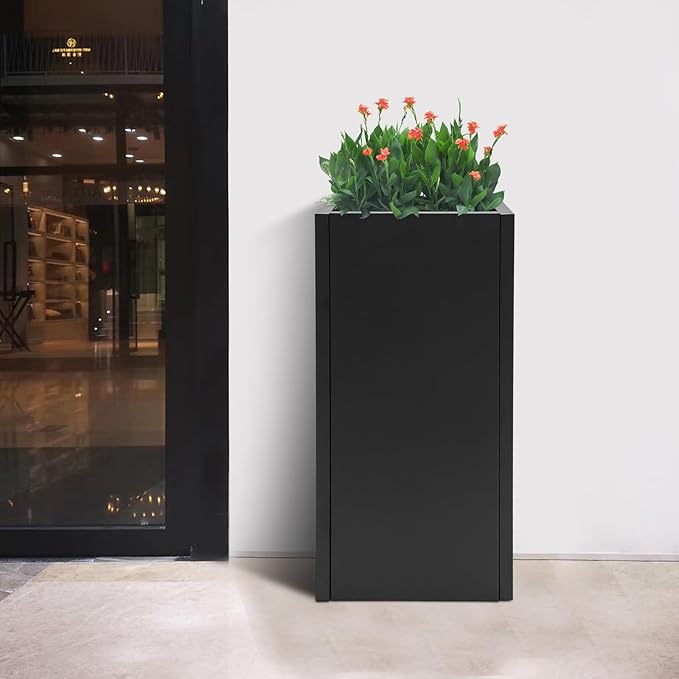 Metallic Heavy Outdoor/Indoor Planter Box, Seamless Large Metal Planter for Tall Trees, Plants, Flowers, No Assembly Required (Black, 14 * 14 * 30 inch)