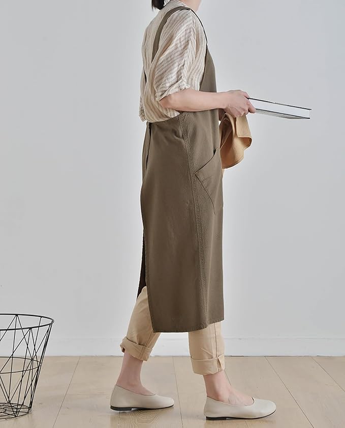 Cotton Linen Apron Cross Back Japanese Smock for Women Cooking With Pockets Pinafore Dress Kitchen Baking Gardening