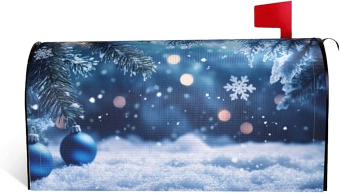 Festive Magnetic Mailbox Cover Winter Christmas Blue Ball Pattern Outdoor Mailbox Protector Holiday Seasonal Decorative Garden Yard Home Large Size 25.5 x 21 Inch