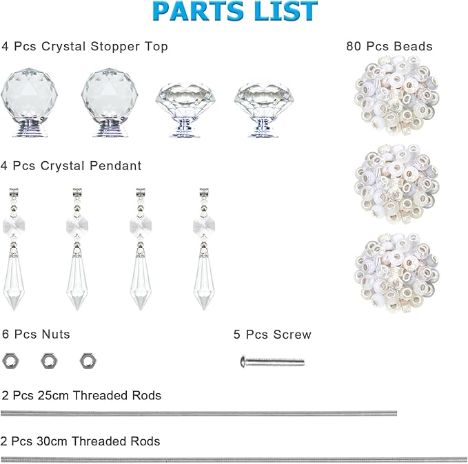 Exway 100 PCS DIY Fairy Wand Beaded Garden Stake Beads Kits with White Large Hole Beads 4 Crystal Stopper Top Threaded Rods and 4 White Sparkling Crystal Pendants for Outdoor Indoor Decor