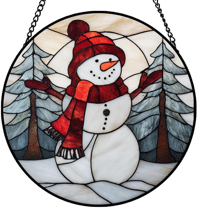 Stained Glass Window Hanging – 6.3 in Snowman Panel with Chain， Bathroom Front Door Living Room Garden Winter Christmas Decor， Gift for Mom Wife Lovers
