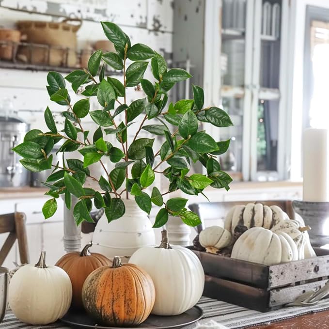 3PCS 33" Fake Plants, Tall Artificial Plant Tea Leaf Branches, Real Touch Fake Camellia Leaves Faux Greenery Stem for Vase Arrangement Kitchen Console Table Decor
