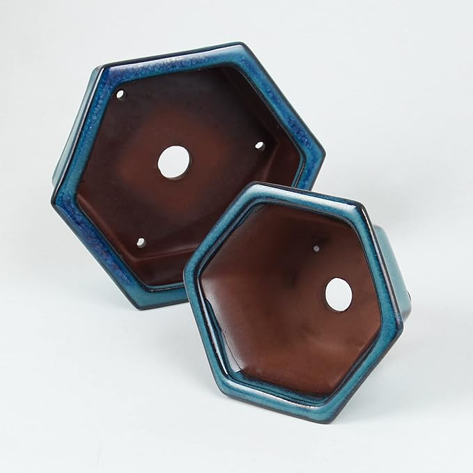 Bonsai Planter 2pc Small Succulent Glazed Pots 4.9" and 6.1" + 6 Soft Mesh Drainage Screens