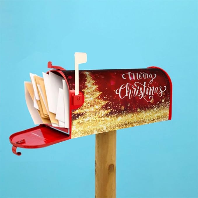 Mailbox Covers Merry Christmas Red Gold Magnetic Letter Post Box Cover Standard Size 25.5 x 21 Inch Garden Yard Home Decorative