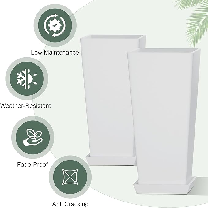 Set of 2 Tall Planters for Outdoor Plants with Drainage Tray, 24" Large Flower Pots for Front Porch Decor, Patio, Garden (White 24")
