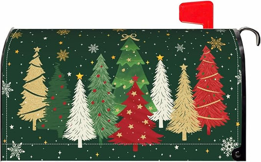 Christmas Mailbox Covers Magnetic Standard Size Xmas Tree Print Forest Green Winter Mailbox Wraps Holiday Themed Outdoor Decorative Letter Box Cases for Home Garden Outside Decor, 21x18 Inch