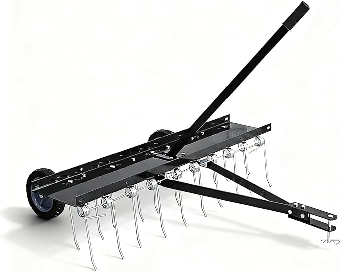 Tow Behind Dethatcher, 40-Inch Tow Lawn Dethatcher with 20 Spring Steel Tines, Lawn Dethatcher Rake Compatible with ATV & Mower, Tow Behind Lawn Rake with Lift Handle for Garden, Farm & Grass