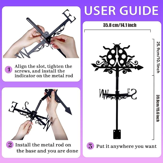 Ladybug Weathervane Metal Wind Vane Animal Ladybird Garden Art Decoration Direction Sign Indicator Stake Mount Ornament for Patio Lawn Farmhouse Yard Roof Outdoor