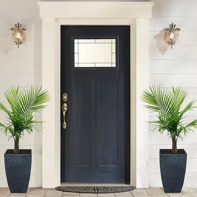 RUBBER BOND Plant Pots 2 Pack - Modern Indoor/Outdoor Planters for Home Decor - Weather-Resistant Large Flower Pots - Lightweight 22 Inches Tall Planters - Black Concrete Color Square Pots for Plants
