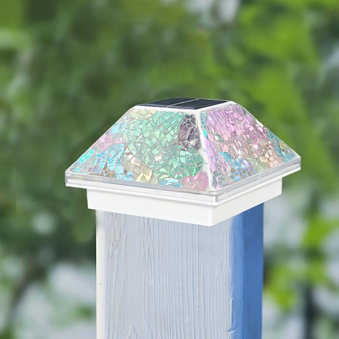 SUNNYPARK 2PK Mosaic Solar Post Cap Lights Outdoor for 4x4, 3.5x3.5 Post Crackled Glass Deck Fence Lamp Weatherproof LED Light Decor in Garden, Yard, Outdoor Table, Balcony, Landscape- Iridescent