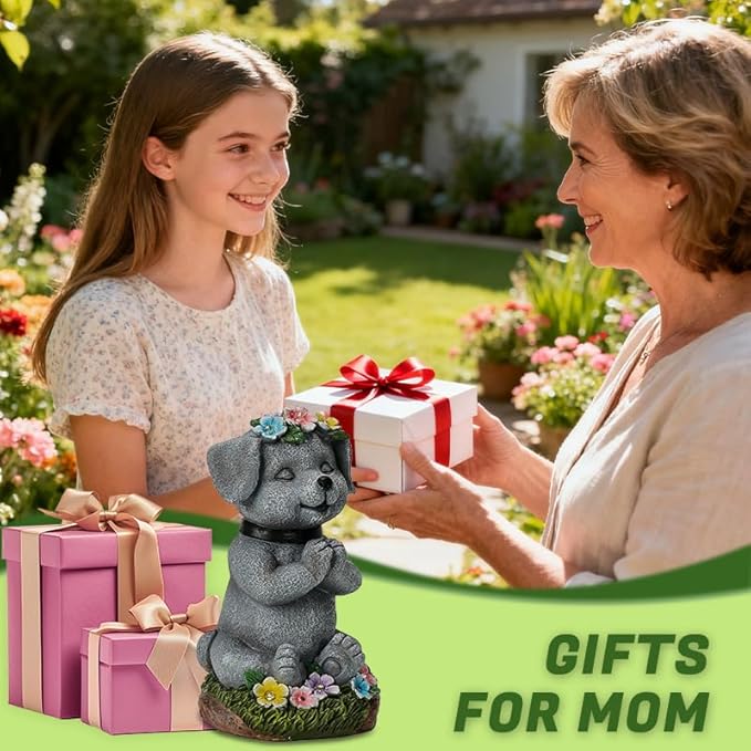 Solar Dog Statue Garden Decor with LED Lights Outdoor Dogs Decor Gifts for Women Dog Figurines for Patio Yard Garden Home Decoration