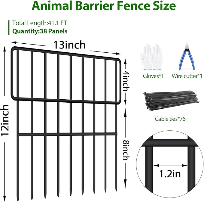 38 Panels Animal Barrier Fence, No Dig Fence 41.1ft(L) x12in(H), Garden Fences for Rabbits and Dog Ground Defense, Rustproof Metal Fences Border, Fenceing Bottom Blocker for Outdoor Yard Patio