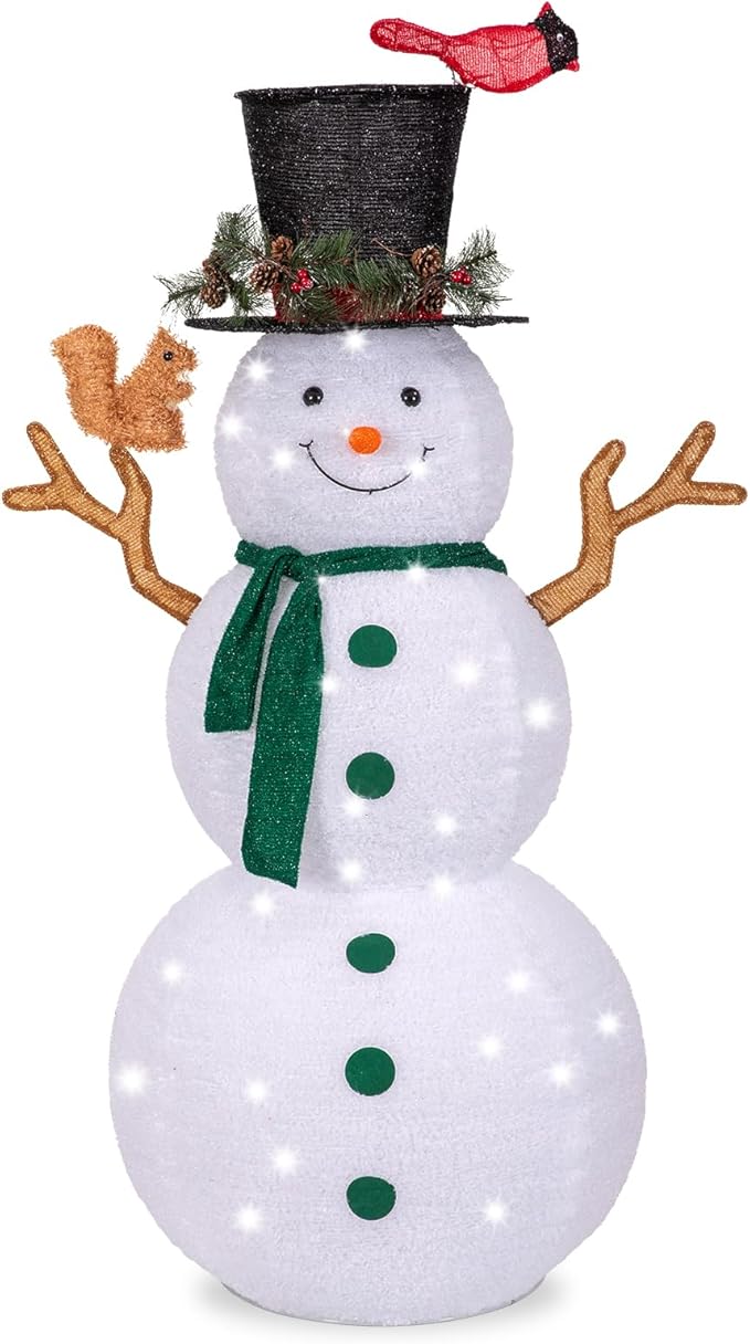 NALONE 6 FT Christmas Lighted Snowman with 200 LED Lights & Timer, Collapsible Snowman Christmas Decorations Outdoor Yard Home, Fluffy Snowman with Bird & Squirrel(6FT)