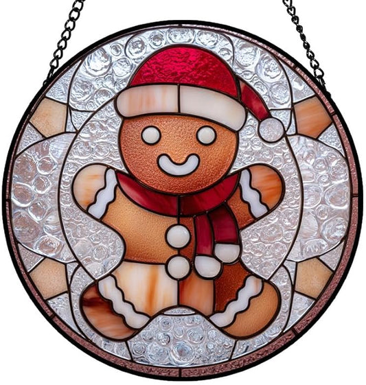 Stained Glass Window Hanging – 7.8 in Gingerbread Man Santa Panel with Chain， Bathroom Front Door Living Room Garden Xmas Decor， Gift for Mom Wife Lovers