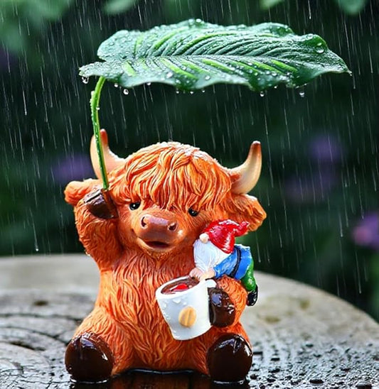 Garden Gnome with Highland Cattle 6.5“ Figurine Ornament for Indoor Outdoor Home Patio Yard Lawn, Red Hat, Blue Outfit, Indoor Outdoor Decorative Statue